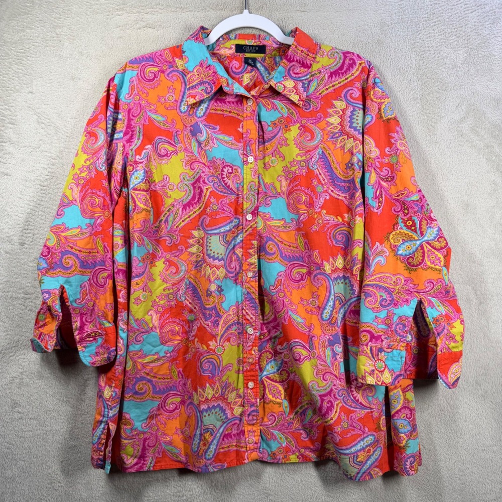 Chaps Button Down Women 2X Orange Paisley 100% Cotton 3/4 Sleeve Blouse Top